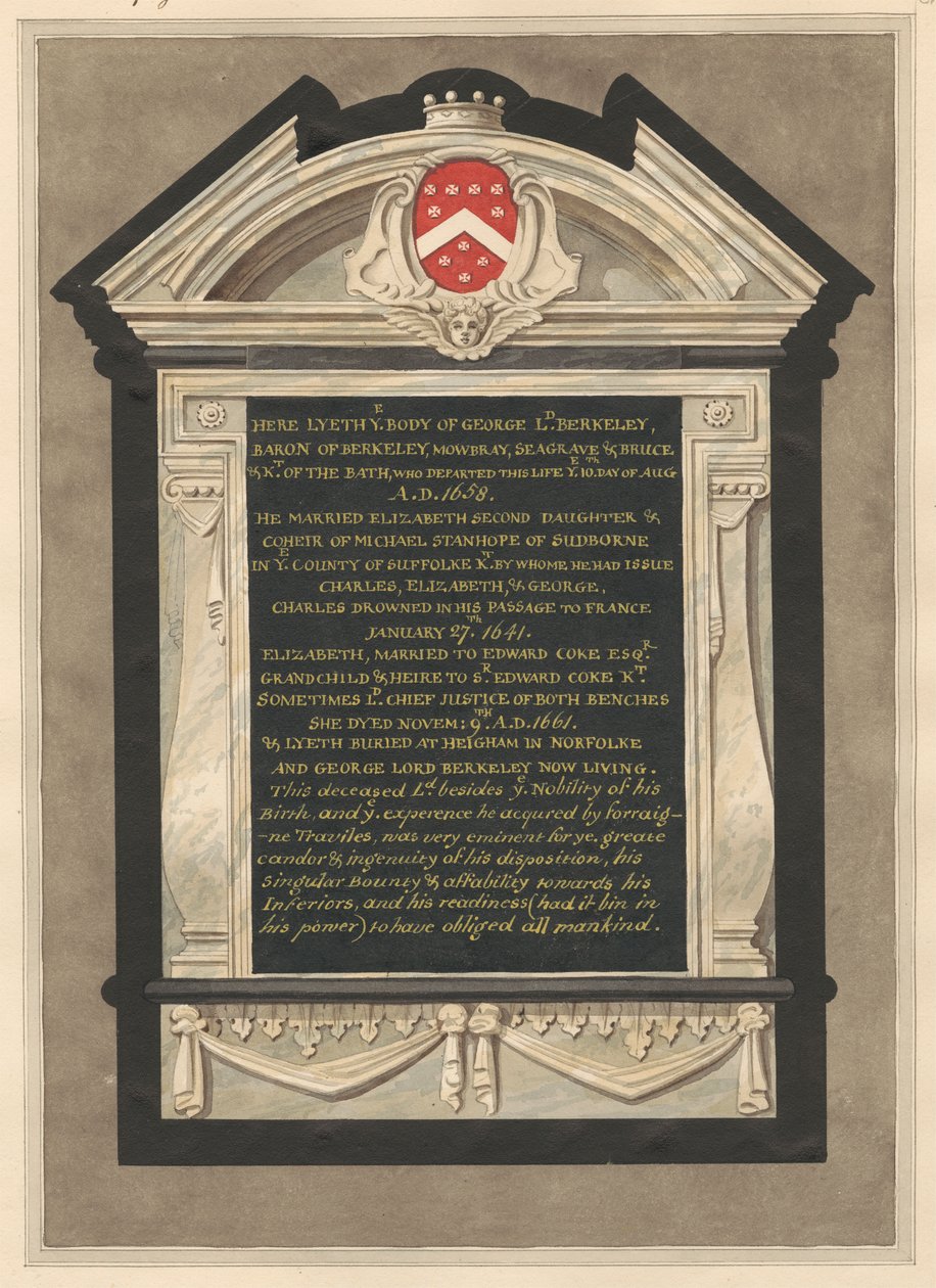 Emlékmű George Lord Berkeley-nek a Cranford templomból alkotó: Daniel Lysons