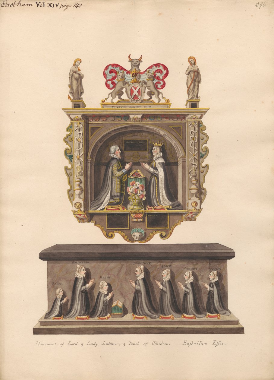 Emlékmű Lord és Lady Latimernek, valamint a gyerekek Ralph, Katherin, Ralph, Dorothye, Jane, Margaret és Anne sírja az East Ham Churchből alkotó: Daniel Lysons