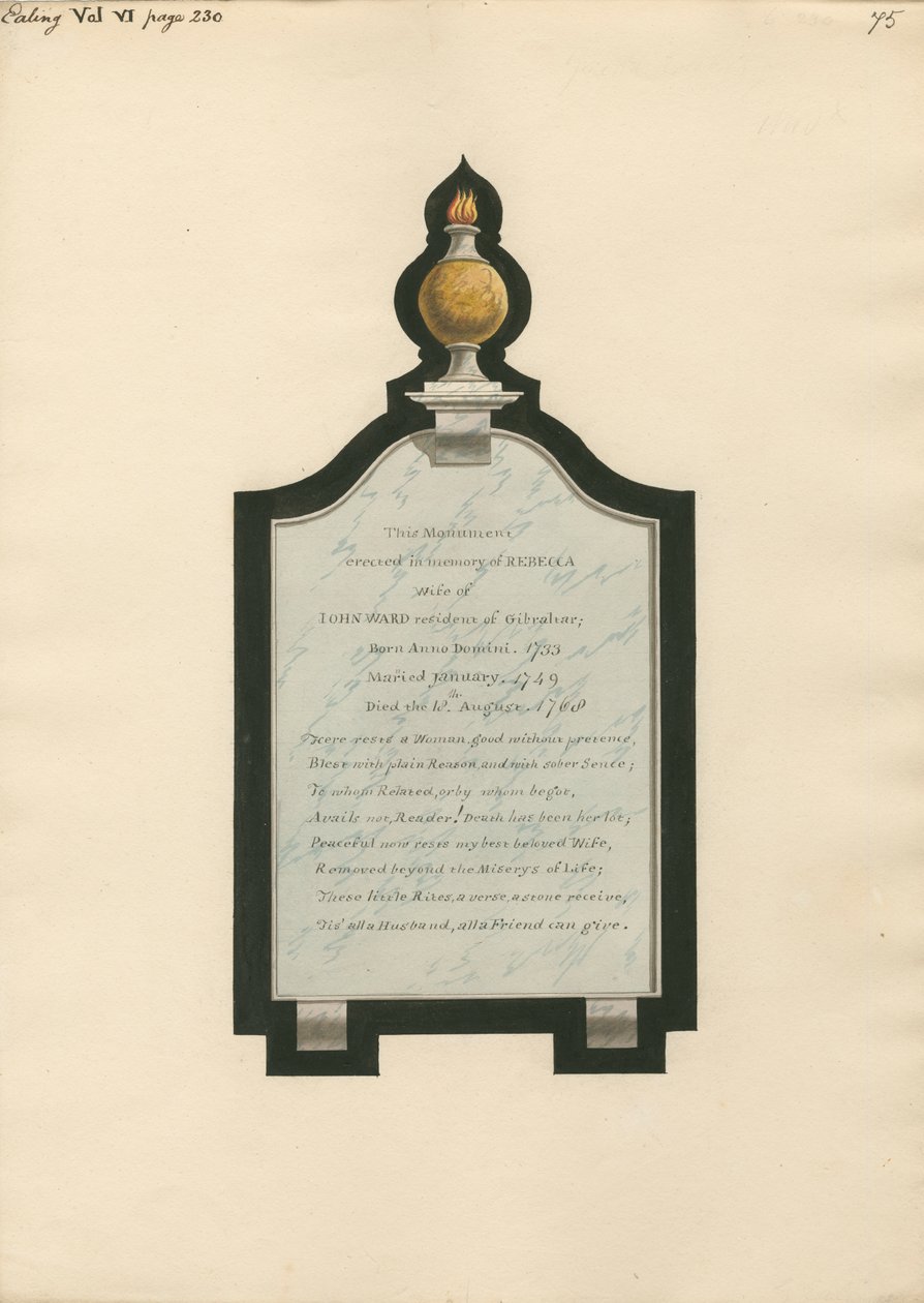 Emlékmű Rebeccának, John Ward feleségének az Ealing Churchből alkotó: Daniel Lysons