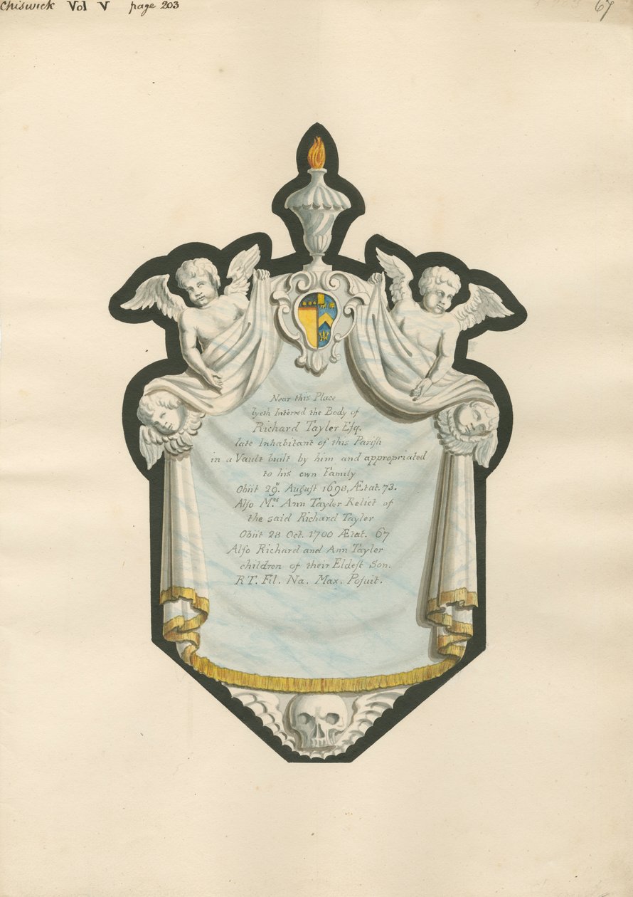 Emlékmű Richard Taylornak és Mrs. Ann Taylornak, valamint gyermekeiknek, Richardnak és Anne-nek a Chiswick Churchből alkotó: Daniel Lysons