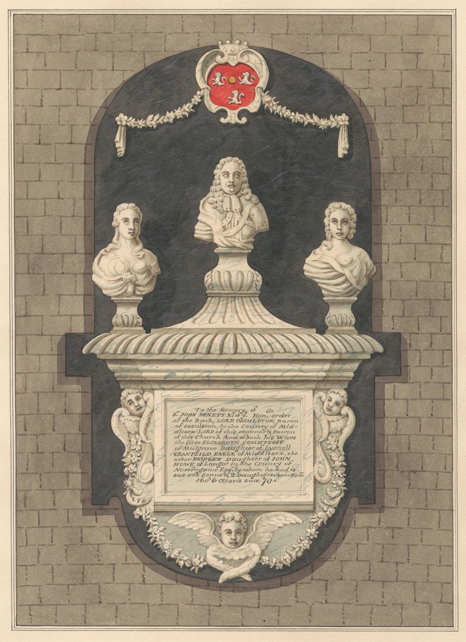 Emlékmű Sir John Bennettnek és feleségének, Elizabethnek és Bridgetnek a Harlington Churchből alkotó: Daniel Lysons