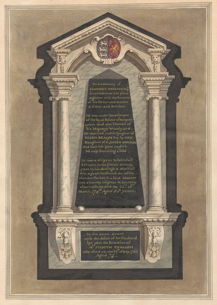Emlékmű Somerset Englishnek, feleségének, Judithnak, anyjának, apjának, nővérének és testvérének a Hampton Churchből alkotó: Daniel Lysons
