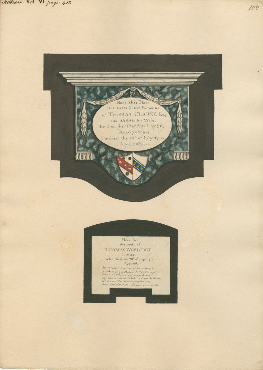 Emlékmű Thomas Clarke-nak és feleségének, Sarahnak és Thomas Worlidge-nek a Fulham-templomból alkotó: Daniel Lysons