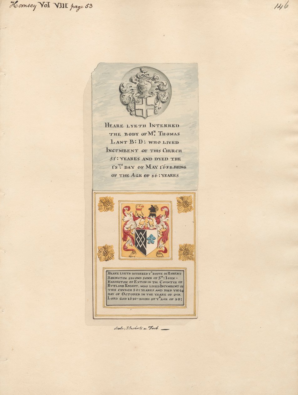 Emlékmű Thomas Lantnak és Robert Haringtonnak is a Hornsey Churchből alkotó: Daniel Lysons