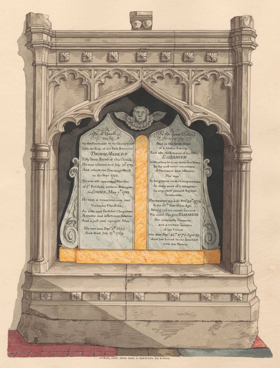 Emlékmű Thomas és Elizabeth Moore-nak, valamint lányuknak, Elizabethnek a Chiselhurst templomból alkotó: Daniel Lysons