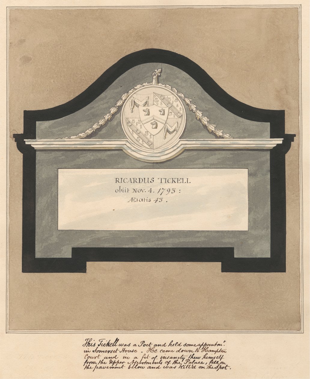 Emlékmű egy költőnek, Richard Tickellnek a Hampton Churchből alkotó: Daniel Lysons