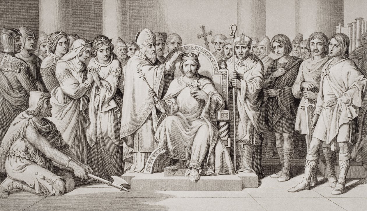 II. Harold (kb. 1022-66), az angolszászok királyának megkoronázása i.sz. 1066-ban, „Az angol és skót történelem illusztrációi” I. kötetből alkotó: Daniel Maclise