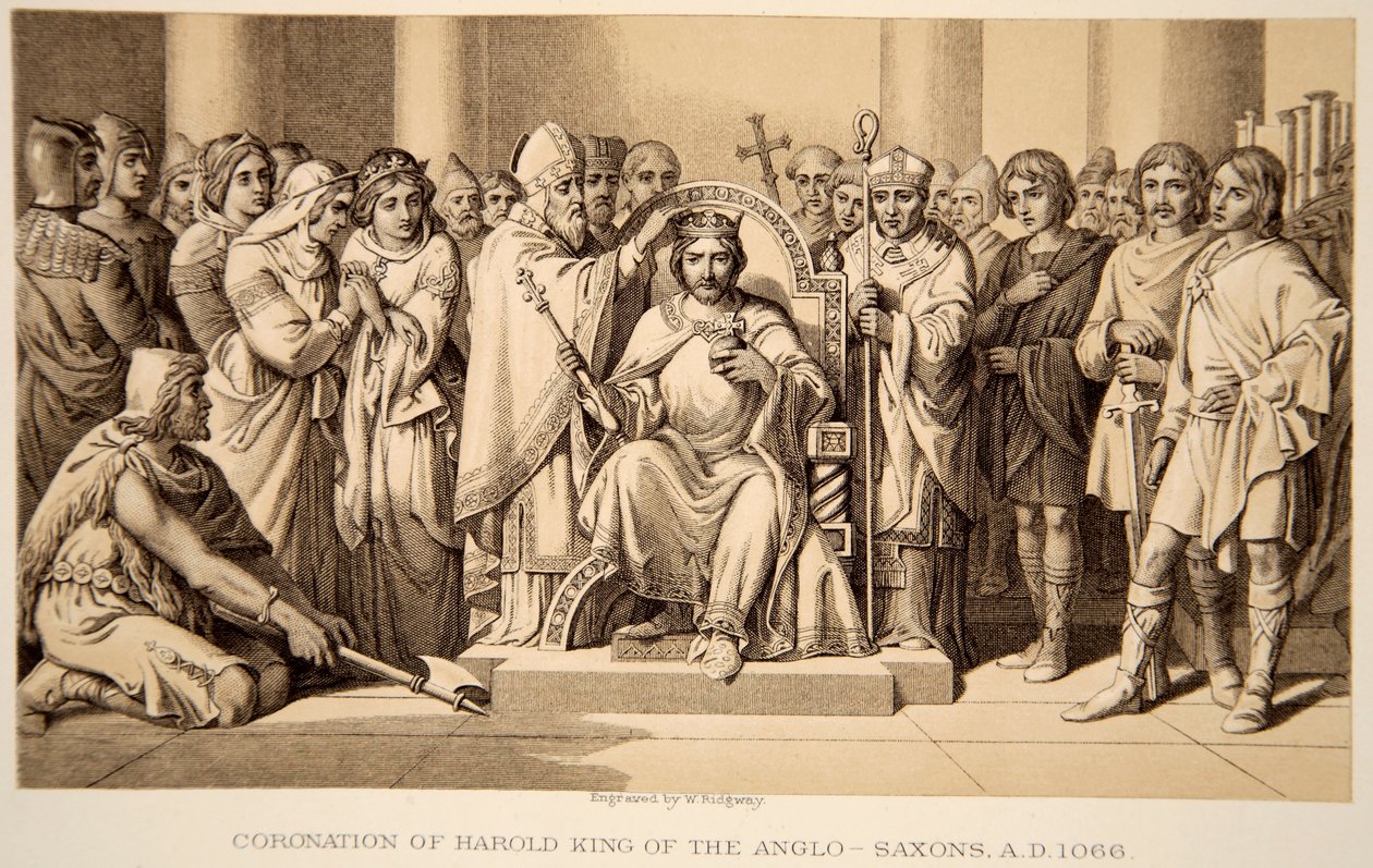 II. Harold megkoronázása 1066-ban, W. Ridgeway metszete alkotó: Daniel Maclise