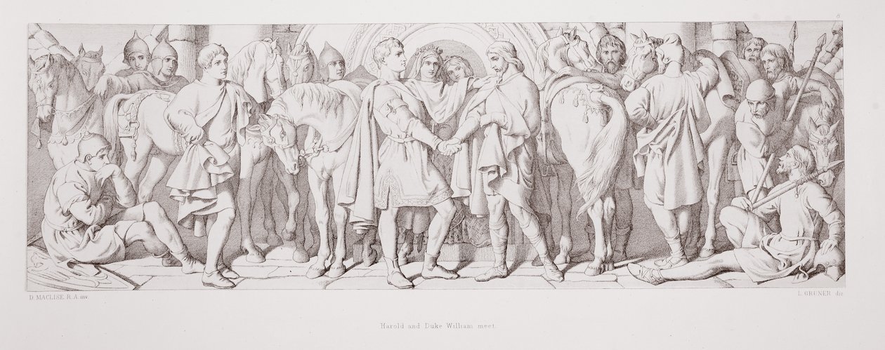 Harold és Vilmos herceg találkozik, „A normann hódítás története” című művéből, L. Gruner metszete, 1866 alkotó: Daniel Maclise