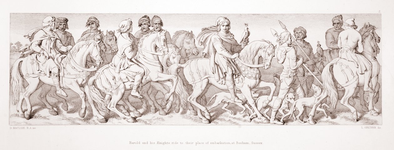 Harold és lovagjai beszállási helyükre, a sussexi Boshamba lovagolnak a „The Story of the Norman Conquest” című művéből, amelyet L. Gruner vésett, 1866 alkotó: Daniel Maclise
