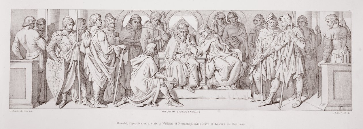 Harold, aki Normandiai Vilmoshoz utazik, búcsút vesz Hitvalló Edwardtól, a „Normann hódítás története” című művéből, amelyet L. Gruner vésett, 1866 alkotó: Daniel Maclise