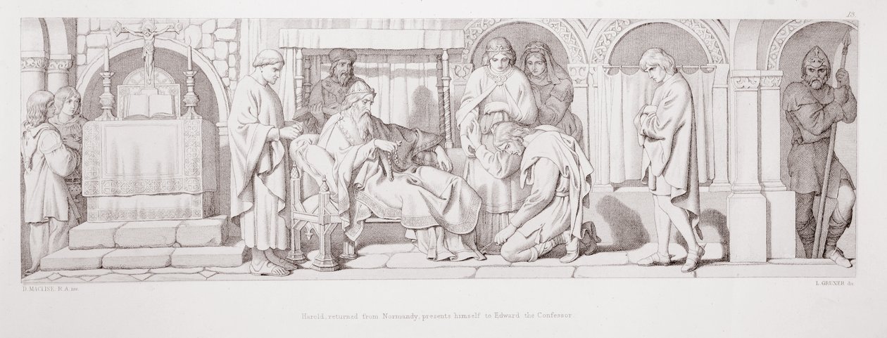 Harold, aki Normandiából hazatért, bemutatja magát Hitvalló Edwardnak, „A normann hódítás története” című művéből, amelyet L. Gruner vésett, 1866 alkotó: Daniel Maclise