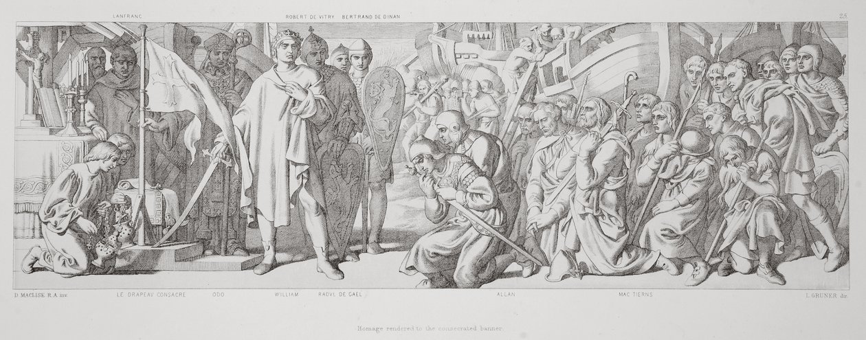 Hódolat a felszentelt zászló előtt, "A normann hódítás története" című művéből, L. Gruner vésette, 1866 alkotó: Daniel Maclise