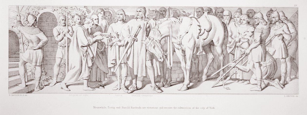 Eközben Tostig és Harold Hardrada győzedelmeskedik, és megkapják York város előterjesztését a „The Story of the Norman Conquest” című művéből, amelyet L. Gruner vésett, 1866 alkotó: Daniel Maclise