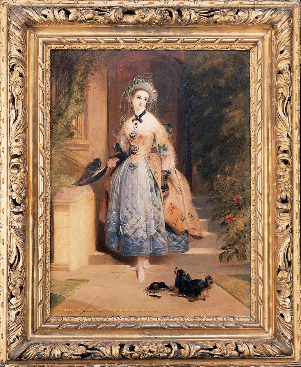 Louisa Jane, Abercorn márciusiasnője portréja, kicsi, egész alakos, igényesen hímzett sárga-kék ruhában, egy ház bejáratánál, spániellel, 1832 alkotó: Daniel Maclise