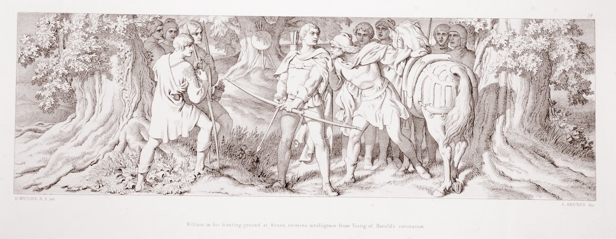 Vilmos a roueni vadászmezőn Tostigtól kap hírt Harold koronázásáról, a "The Story of the Norman Conquest"-ből, L. Gruner metszete, 1866. alkotó: Daniel Maclise