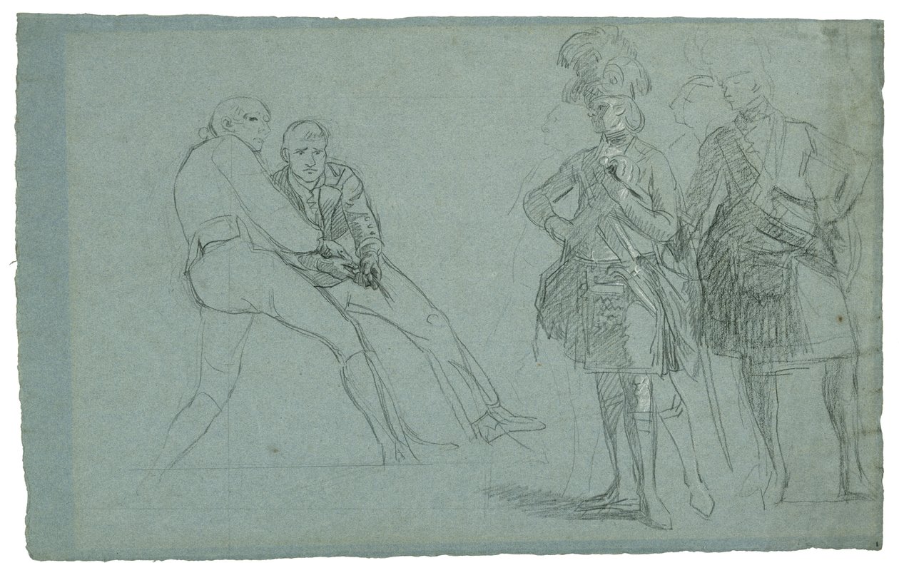 Study for The Siege of Gibraltar (Tanulmány Lindsay alezredesről és a kötélen húzó alakokról), c. 1786-1787 (graftie és fekete-fehér kréta szürkéskék papíron) alkotó: Daniel Mytens