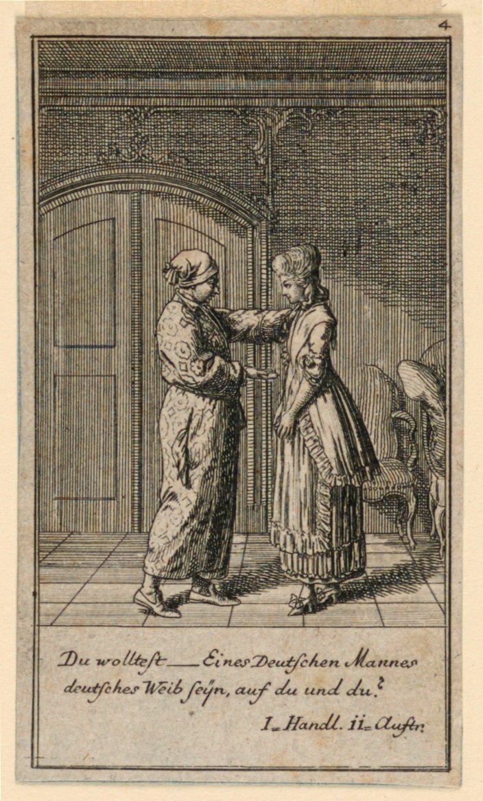 Egy apa vagy gyám beszél egy lánnyal, Fredrich Wilhelm Grossman "Nem több, mint sachs Schuesseln" című színművének illusztrációja a "Königl: Grosbrit [rian] genealógiai naptár az 1782-es Lauenberg évhez, J. G. Berenberg" című művében. alkotó: Daniel Nikolaus Chodowiecki