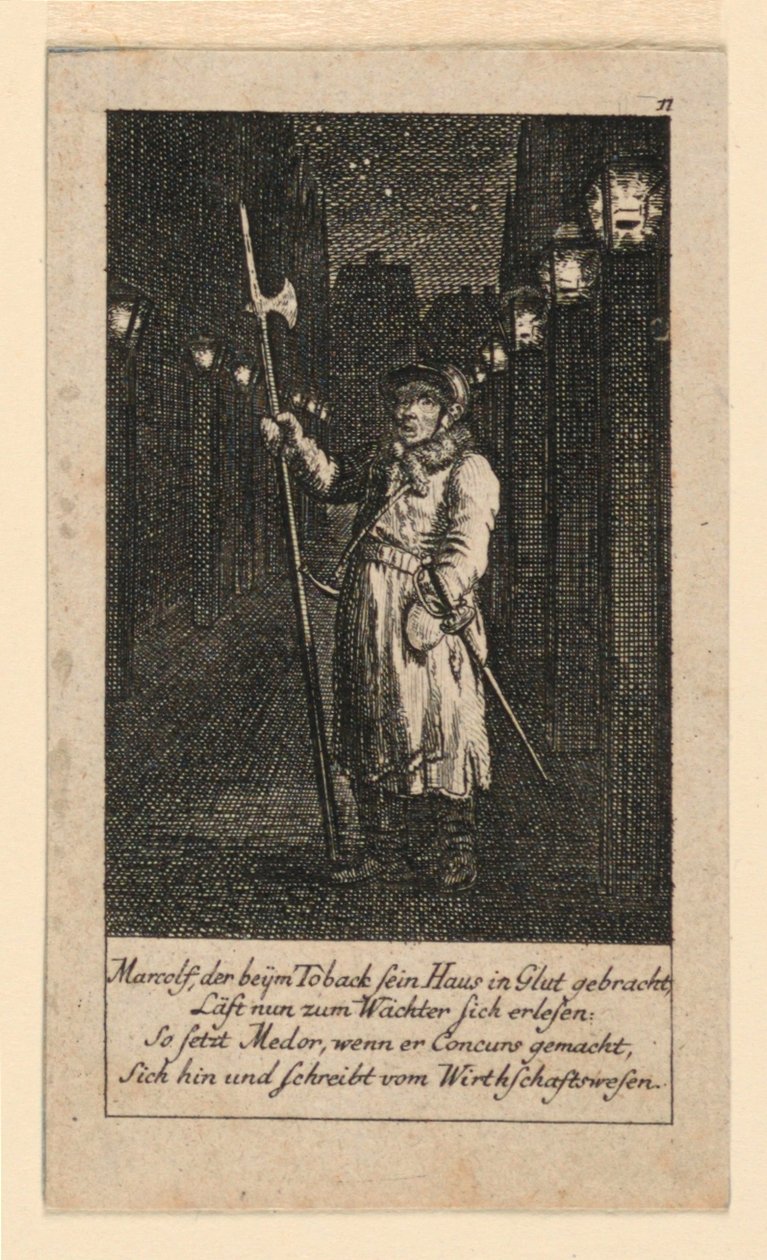 Éjszakai őr, Illusztráció a "Königl: Grosbrit [anian] genealogical calendar for the 1780 Year Lauenberg by J.G. Berenberg" című könyvhöz. alkotó: Daniel Nikolaus Chodowiecki
