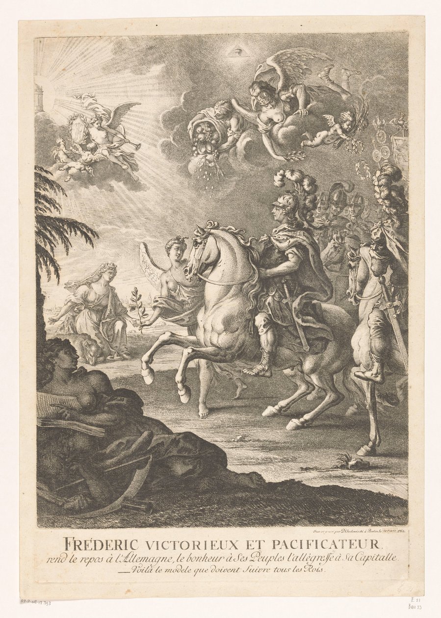 Allegorikus ábrázolás Nagy Frigyes lóháton Fréderic victorieux et pacificateur (...) (cím a tárgyon) alkotó: Daniel Nikolaus Chodowiecki