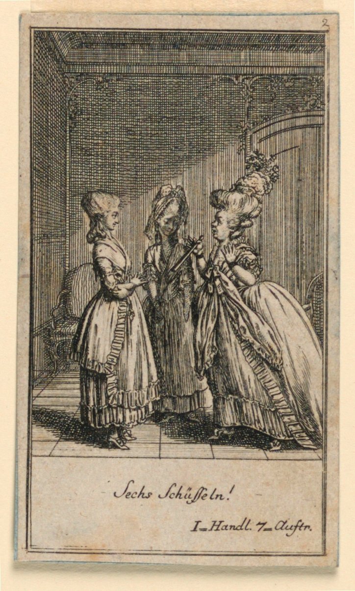 Egy idős nő szid egy lányt, Fredrich Wilhelm Grossman "Nem több, mint sachs Schuesseln" című színművének illusztrációja a "Königl: Grosbrit [anian] genealogical calendar for the 1782 Year Lauenberg by J. G. Berenberg" című könyvében. alkotó: Daniel Nikolaus Chodowiecki