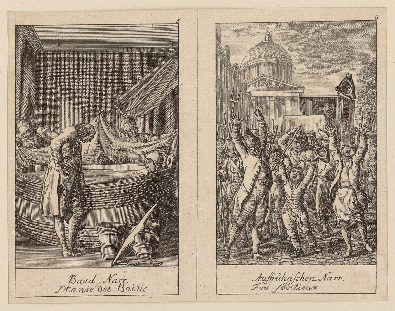 5. és 6. lap a Centifolium Stultorum című műből, „Bolondságok” alkotó: Daniel Nikolaus Chodowiecki