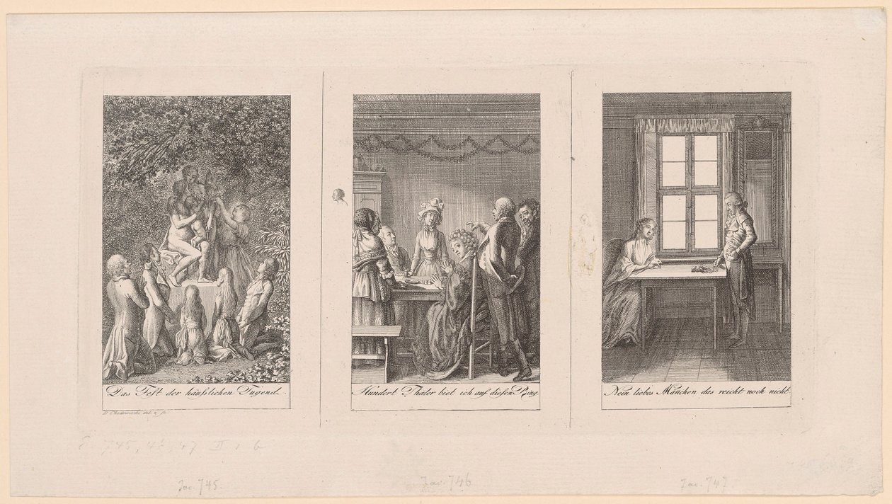 Három lap Ehrenberg „Zsebkönyv [...] 1795-re” című művéhez alkotó: Daniel Nikolaus Chodowiecki