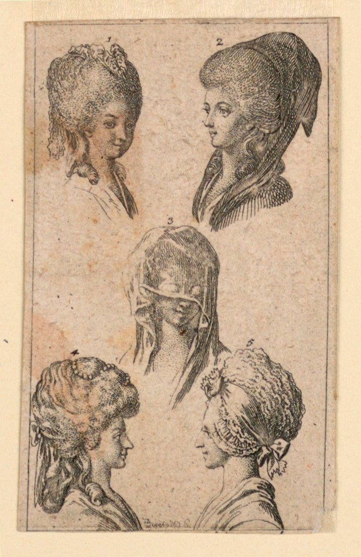 Öt fejfedő, ahogyan berlini nők viselték, illusztráció a "Königl: Grosbrit [anian] genealogical calendar for the 1782 Year Lauenberg by J.G. Berenberg" című könyvhöz. alkotó: Daniel Nikolaus Chodowiecki