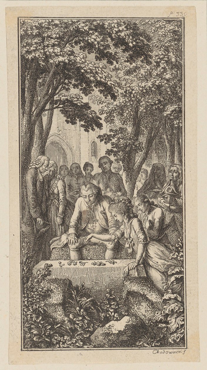 A bírósági tanácsos Gretchennel az esküvő után Minen sírjánál alkotó: Daniel Nikolaus Chodowiecki