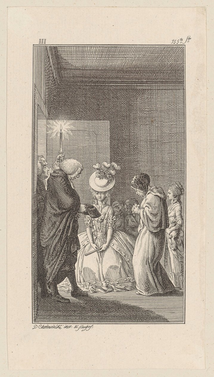 Lady Vincent, Lady Brunk, Whitefield és egy pap lépnek be alkotó: Daniel Nikolaus Chodowiecki