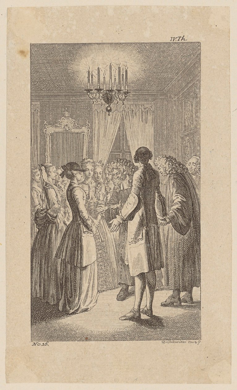 Miss West a Comus szobájában beleegyezik a házassági egyezségbe, 16. oldal a „Johann Bunkel élete, megjegyzései és véleményei” című műből alkotó: Daniel Nikolaus Chodowiecki
