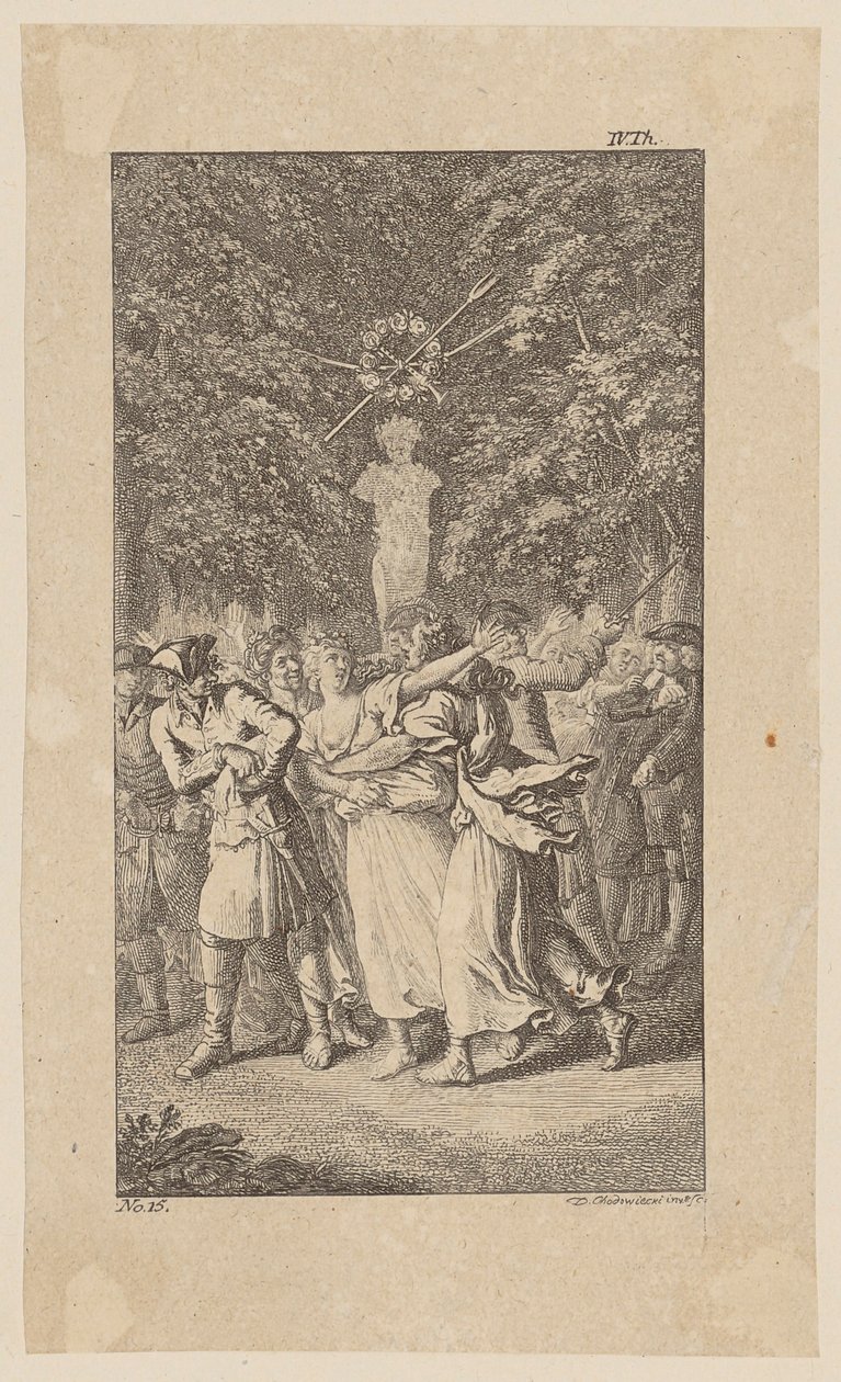 Miss West elrablása egy Molière-féle pásztorjáték közben egy kis erdőben, a „Johann Bunkel élete, megjegyzései és véleményei” című mű 15. lapja alkotó: Daniel Nikolaus Chodowiecki