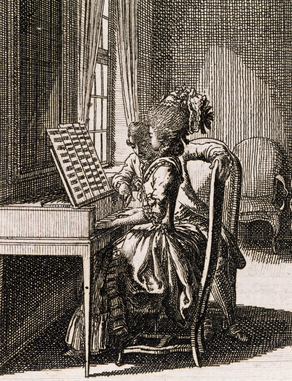 Zene, nő spinetán, Daniel Nikolaus Chodowiecki (1726-1801), Occupations des dames, Németország, Lengyelország alkotó: Daniel Nikolaus Chodowiecki