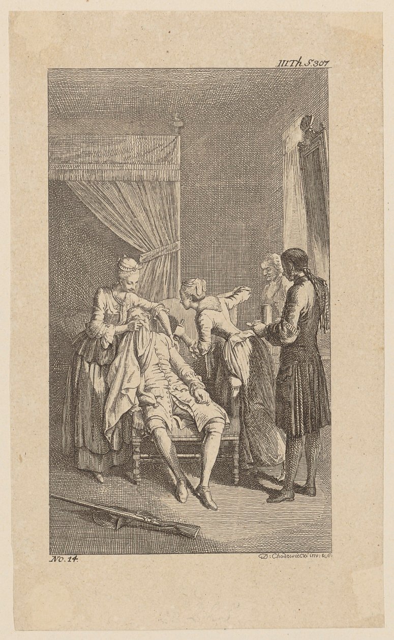 A tehetetlen Durour egykori szeretője, Miss Dellon házában; a „Johann Bunkel élete, megjegyzései és véleményei” című mű 14. oldala alkotó: Daniel Nikolaus Chodowiecki