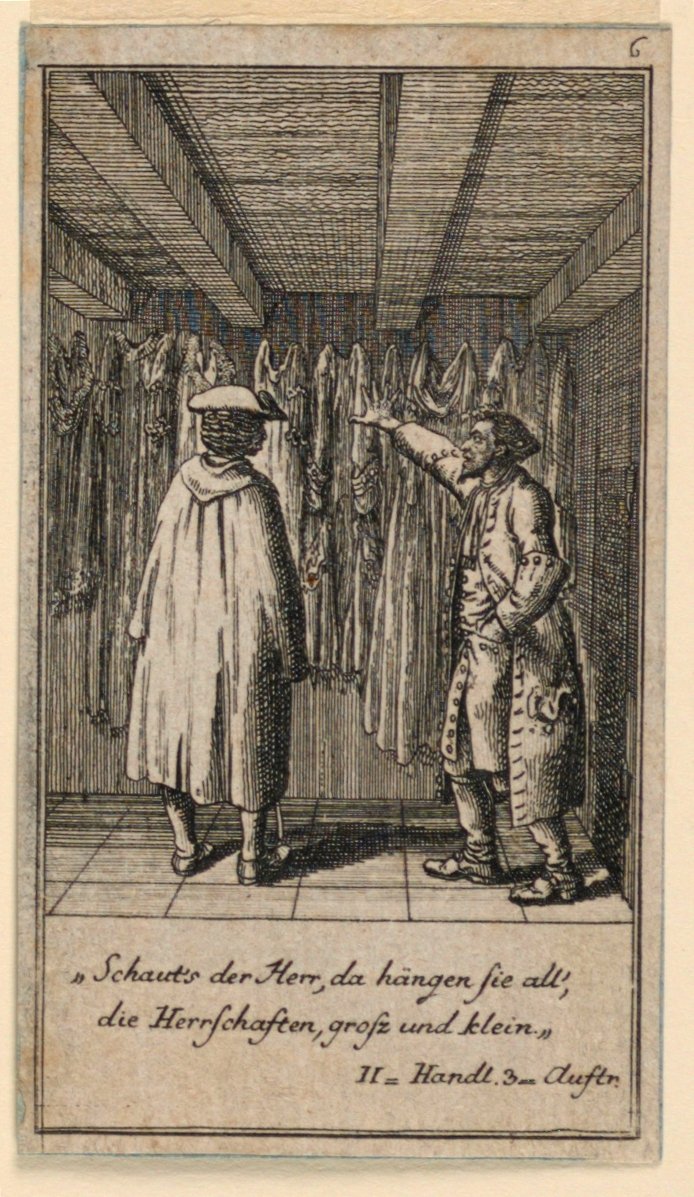 A jelmezkereskedő, Fredrich Wilhelm Grossman "Nem több, mint sachs Schuesseln" című darabjának illusztrációja a "Königl: Grosbrit [anian] genealogical calendar for the 1782 Year Lauenberg by J.G. Berenberg" című művében. alkotó: Daniel Nikolaus Chodowiecki