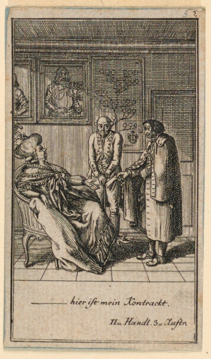 Az idős nő felvesz egy férfit, Fredrich Wilhelm Grossman "Nem több mint sachs Schuesseln" című színművének illusztrációja a "Königl: Grosbrit [anian] genealogical calendar for the 1782 Year Lauenberg by J.G. Berenberg" című könyvében. alkotó: Daniel Nikolaus Chodowiecki