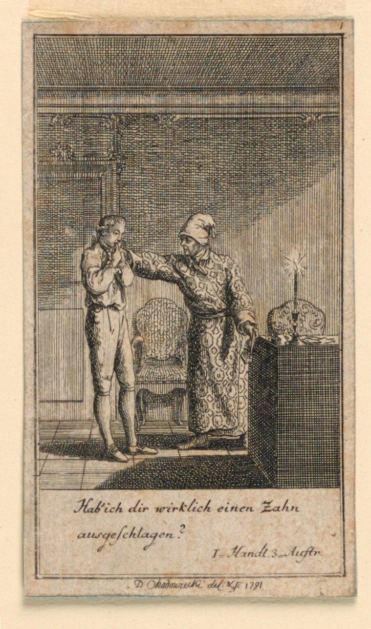 A pofon, Fredrich Wilhelm Grossman „Nem több, mint sachs Schuesseln” című darabjának illusztrációja a „Königl: Grosbrit [anian] genealogical calendar for the 1782 Year Lauenberg by J.G. Berenberg” című művében. alkotó: Daniel Nikolaus Chodowiecki