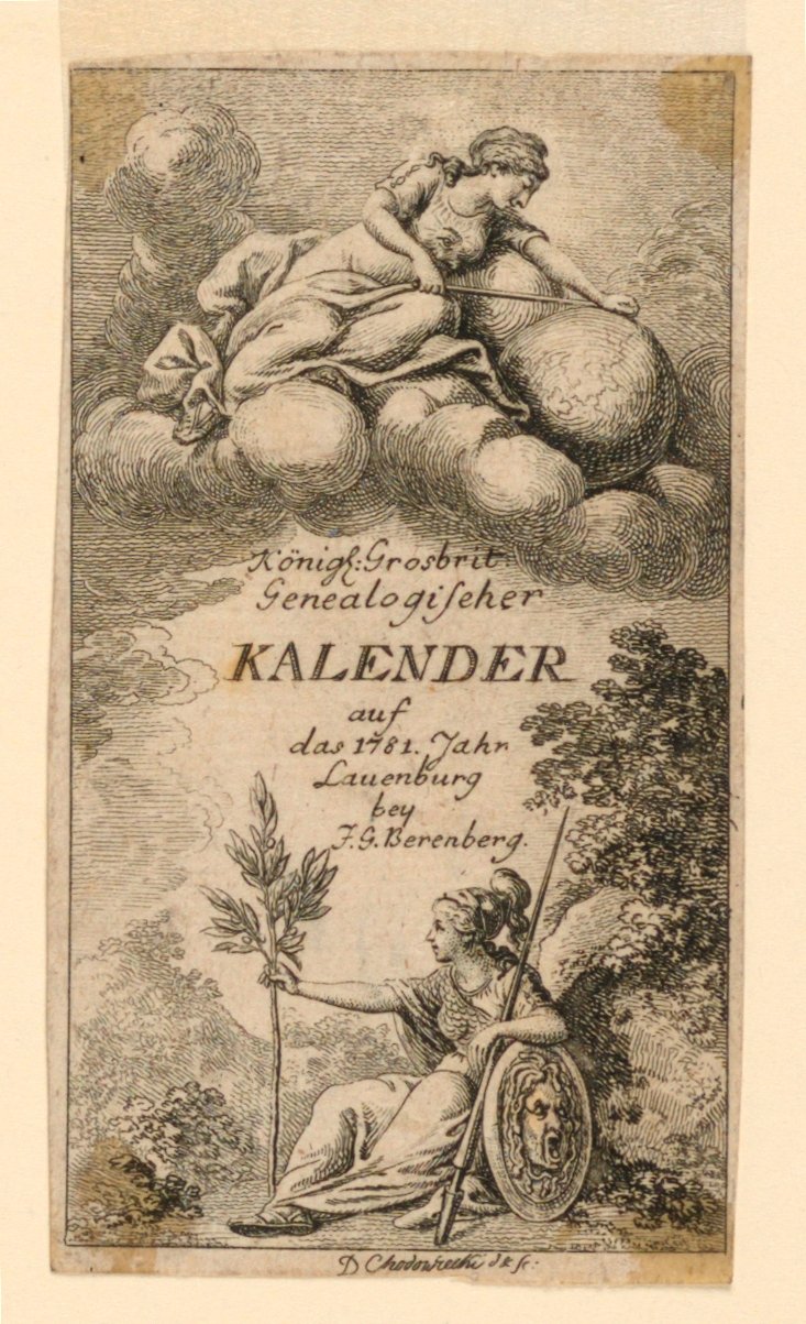 Címlap a "Königl: Grosbrit [anian] genealogical calendar for the 1781 year Lauenberg by J.G. Berenberg" alkotó: Daniel Nikolaus Chodowiecki