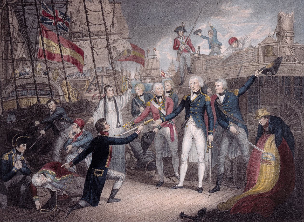 Nelson tengernagy átveszi a spanyol admirálisok kardját, a St. Vincenti csata alkotó: Daniel Orme