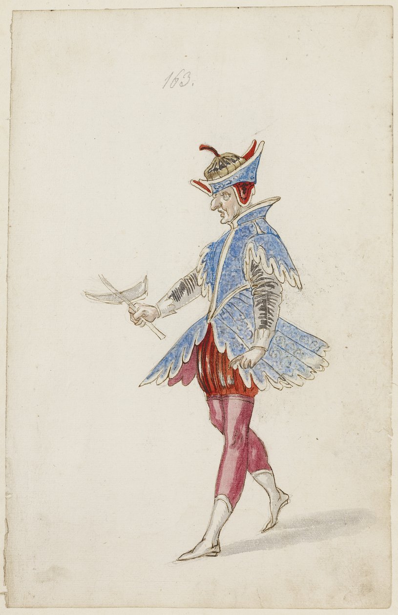 Férfi figura kék-piros jelmezben a Ballet des quatre saisons de lAnnee-ból, 1626 (barna tinta, wc és fémfesték fekete kréta alárajzolással, papírra fektetett) alkotó: Daniel Rabel