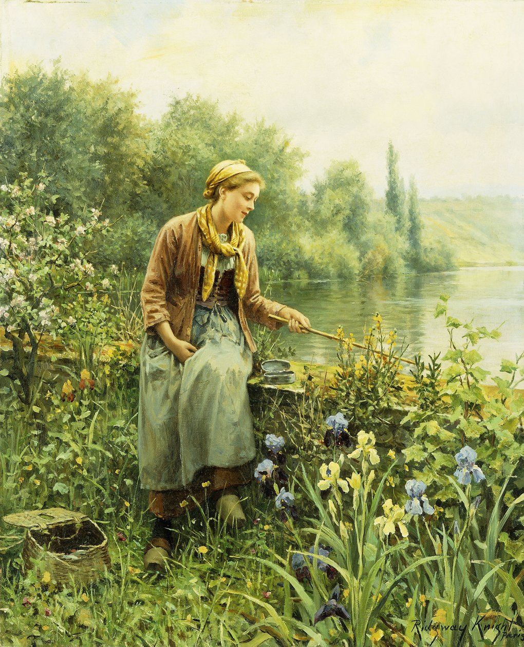 Horgászat egy tavaszi napon, alkotó: Daniel Ridgway Knight
