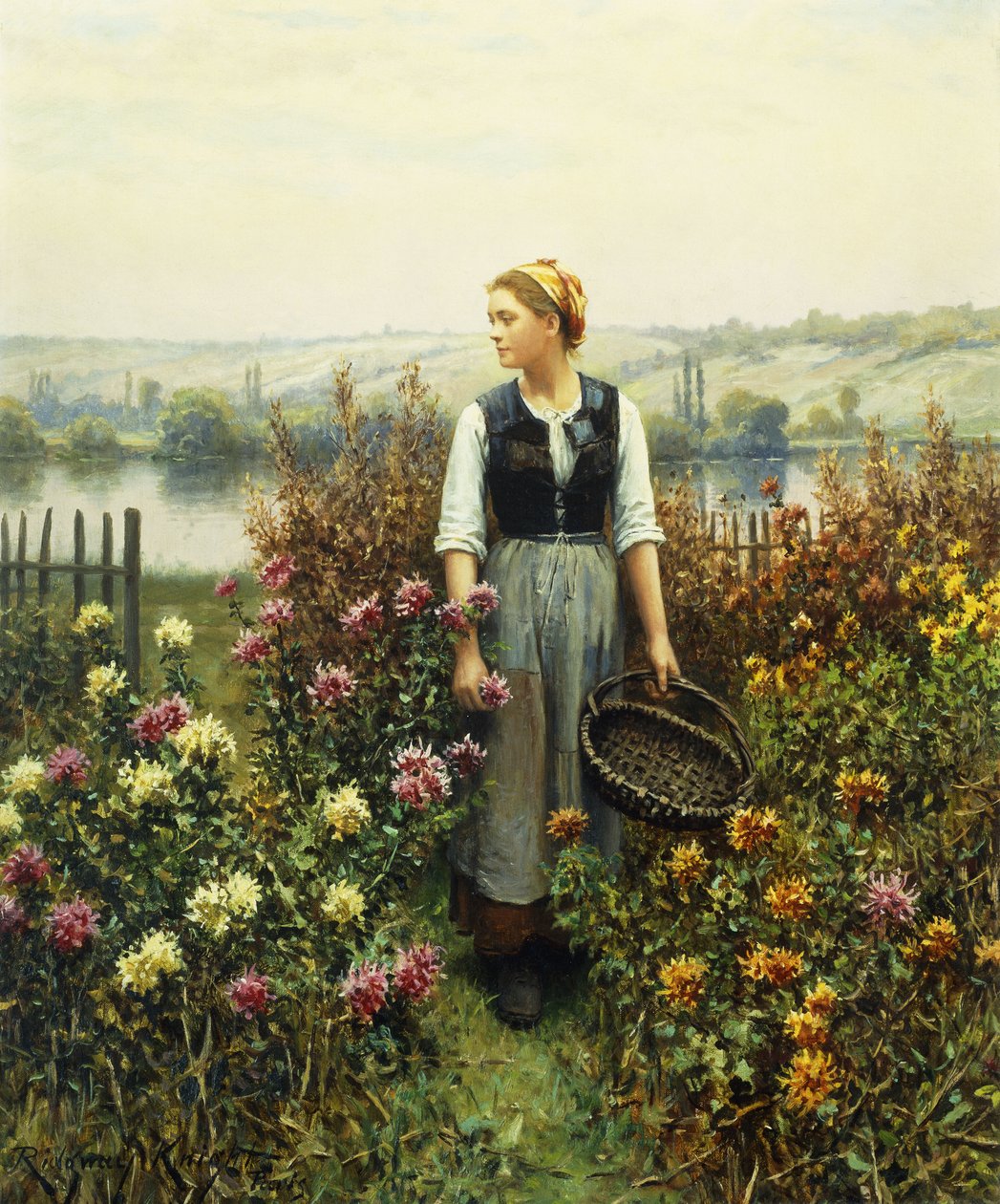 Lány kosárral a kertben, alkotó: Daniel Ridgway Knight
