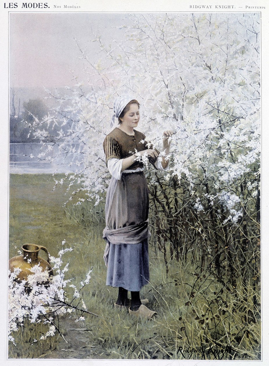 Tavasz: Virágot gyűjtő nő - ill. szerző: R. Knight, c. 1905 alkotó: Daniel Ridgway Knight