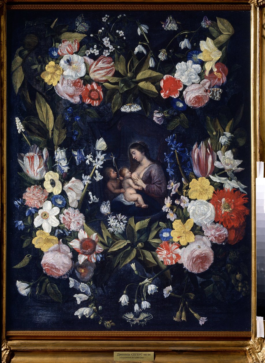 Virágkoszorú Madonnával és gyermekével (Virágkoszorú Madonnával és gyermekével). Daniel Seghers (1590-1661) festménye. Olaj, vászon, 82 x 64 cm. Flamand művészet, barokk művészet. Állami Művészeti Múzeum, Tula (vagy Tolan). alkotó: Daniel Seghers