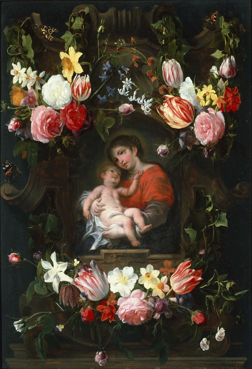 Virágfüzér Madonnával és gyermekével, 17. század első harmada. alkotó: Daniel Seghers
