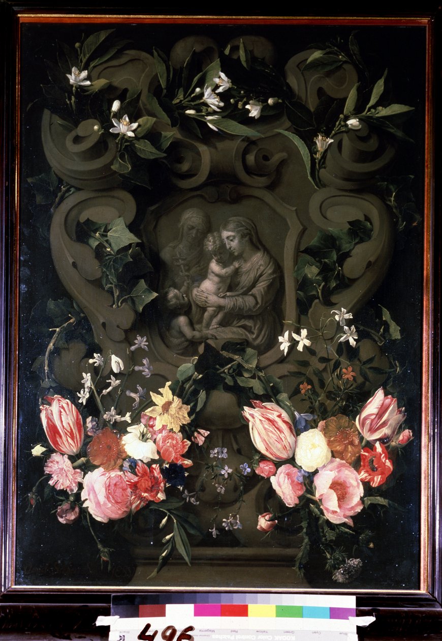 Madonna és gyermeke, Szent Erzsébet és Keresztelő János gyermekként virágfüzérben. Daniel Seghers (1590-1661) festménye. Olaj, réz, 84 x 61 cm alkotó: Daniel Seghers