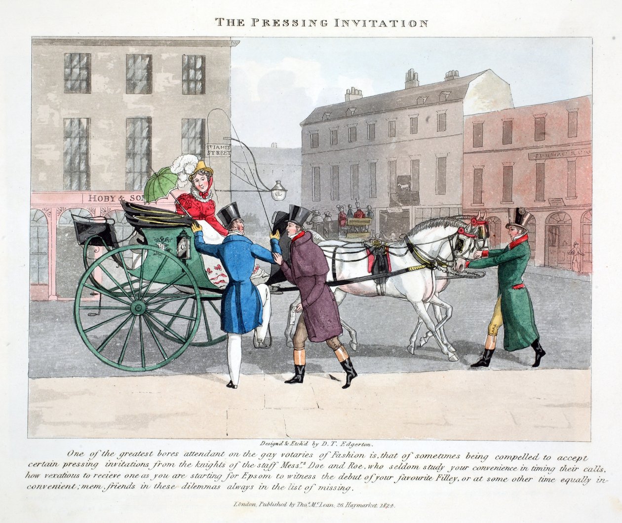 The Pressing Invitation, illusztráció a "Fashionable Bores or Coolers in High Life" című könyvéből, Peter Quiz, pub. Thomas McLean, London 1824 (kézzel színezett metszet) alkotó: Daniel Thomas Egerton