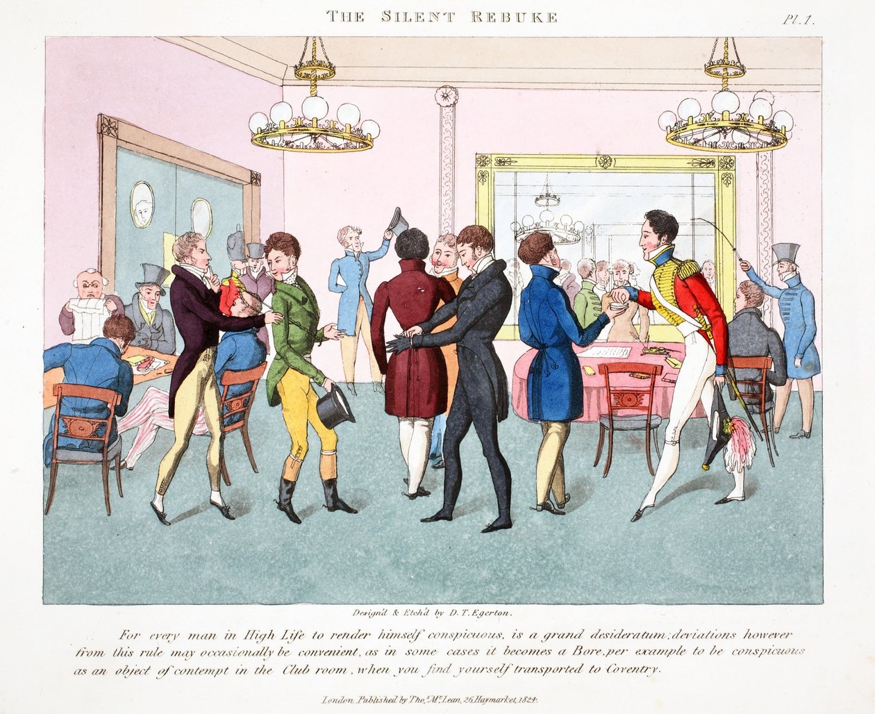 The Silent Rebuke, illusztráció a "Fashionable Bores or Coolers in High Life" című könyvéből, Peter Quiz, pub. Thomas McLean, London 1824 (kézzel színezett metszet) alkotó: Daniel Thomas Egerton