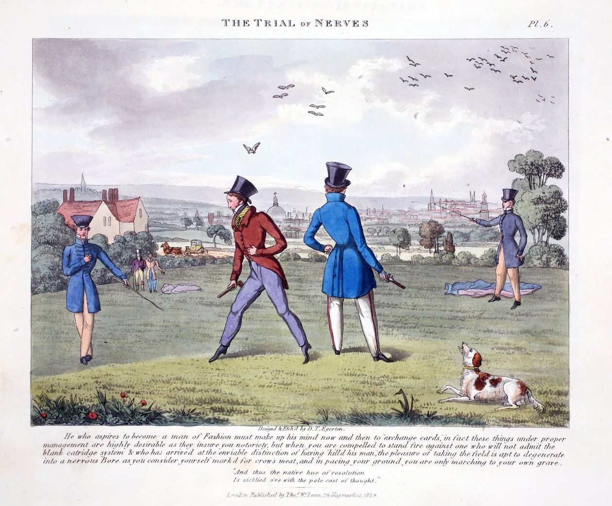 The Trial of Nerves, illusztráció a "Fashionable Bores or Coolers in High Life" című könyvből, írta Peter Quiz, pub. Thomas McLean, London 1824 (kézzel színezett metszet). alkotó: Daniel Thomas Egerton