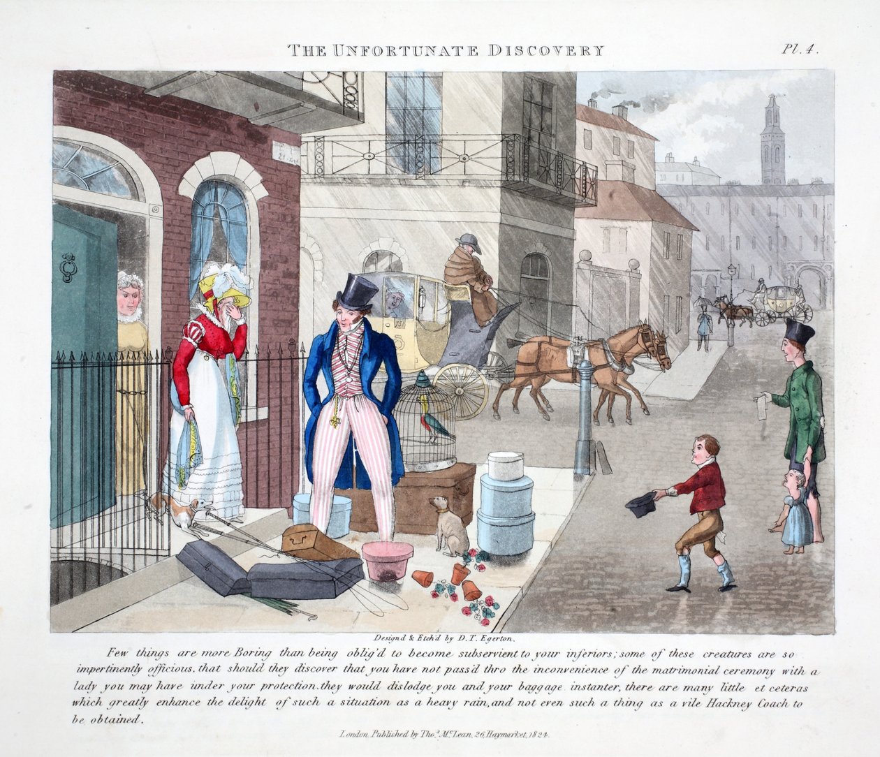 The Unfortunate Discovery, illusztráció a "Fashionable Bores or Coolers in High Life" című könyvéből, Peter Quiz, pub. Thomas McLean, London 1824 (kézzel színezett metszet) alkotó: Daniel Thomas Egerton